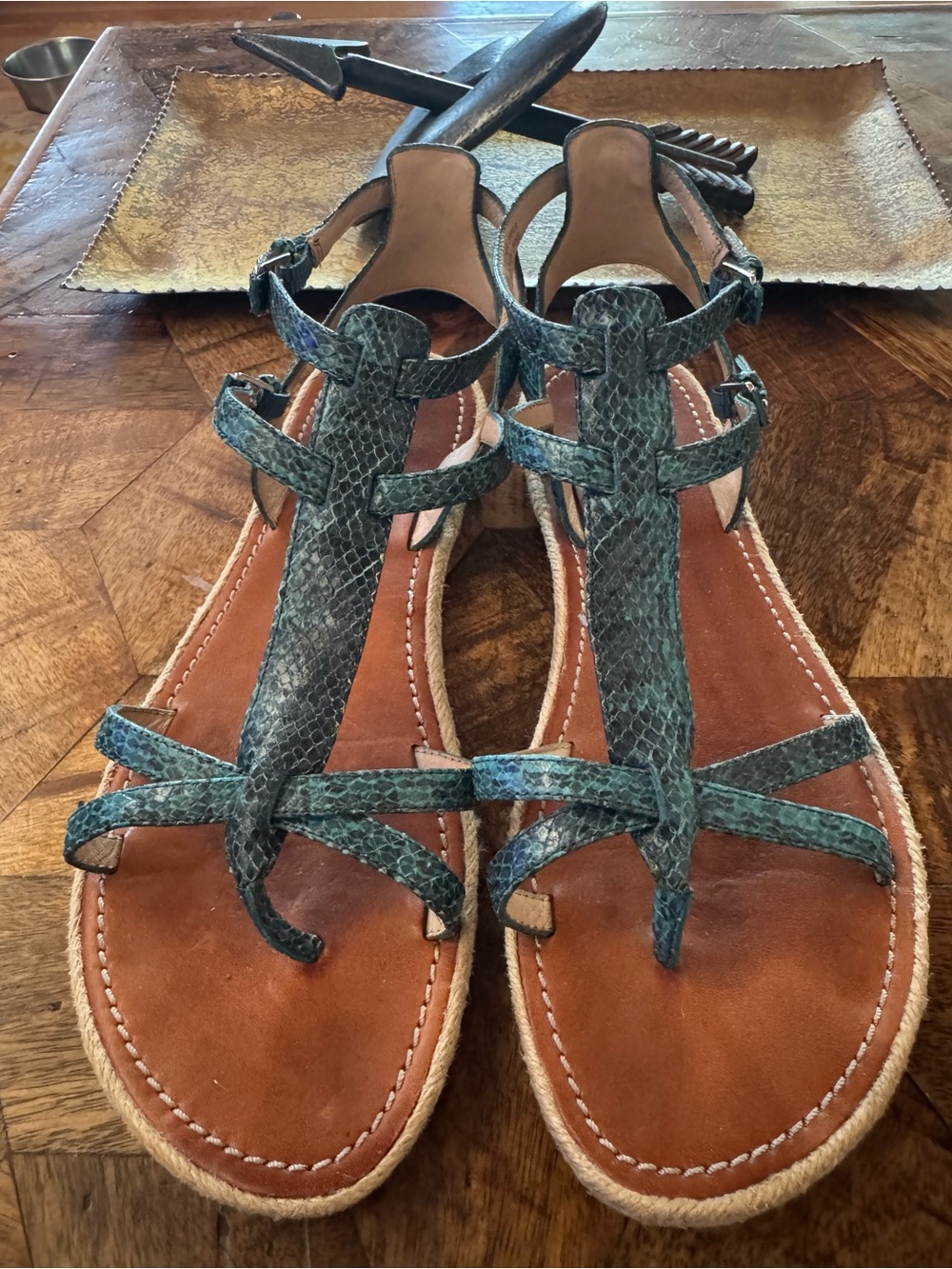 Via Spiga Teal Snakeskin T-Strap Sandals